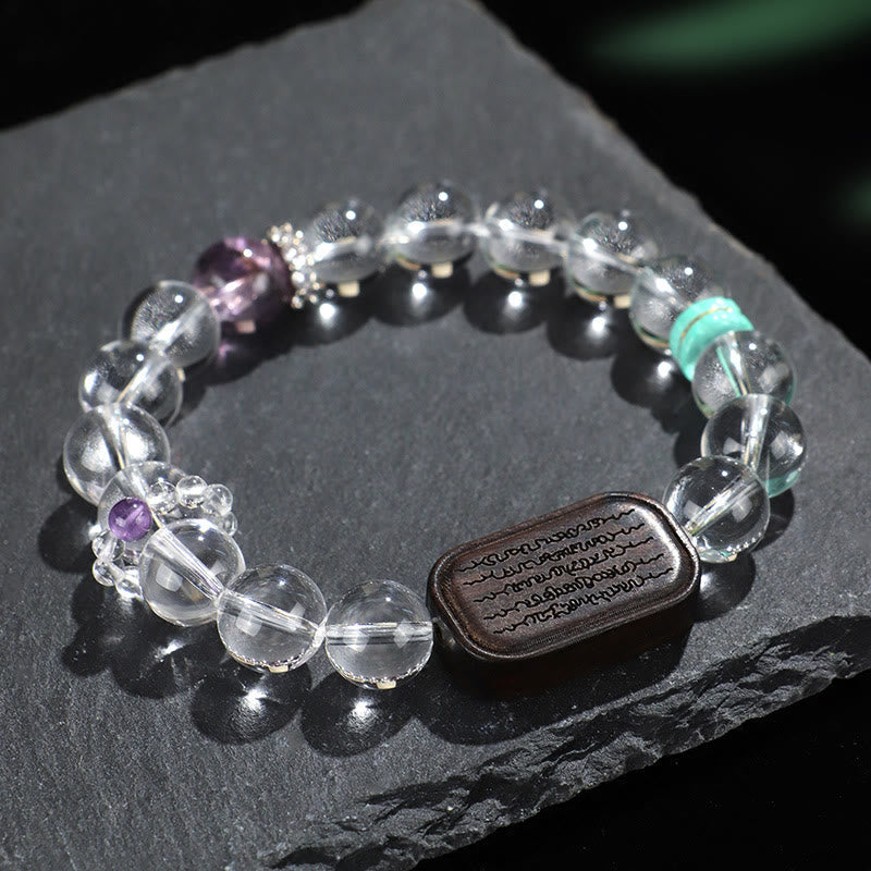 Fortune Jewel White Crystal Ebony Wood Sak Yant Zashi Lhamo Healing Bracelet