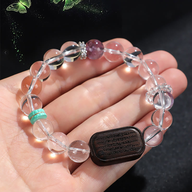 Fortune Jewel White Crystal Ebony Wood Sak Yant Zashi Lhamo Healing Bracelet