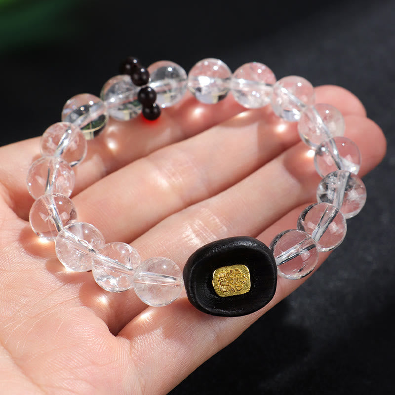 Fortune Jewel White Crystal Ebony Wood Sak Yant Zashi Lhamo Healing Bracelet