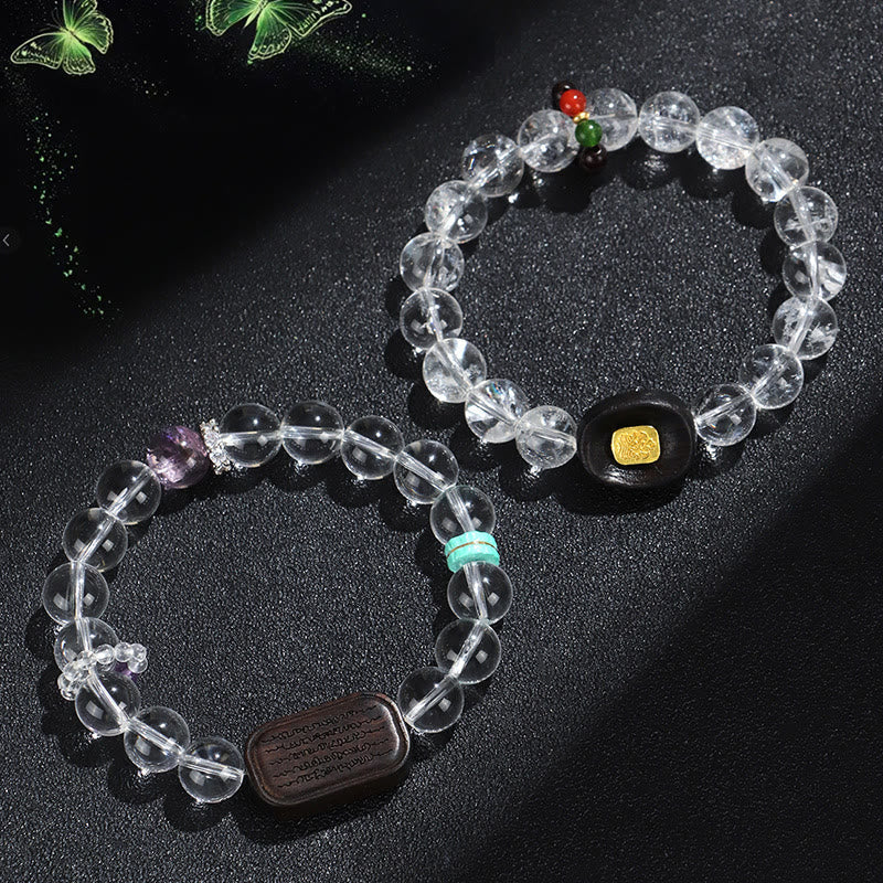 Fortune Jewel White Crystal Ebony Wood Sak Yant Zashi Lhamo Healing Bracelet