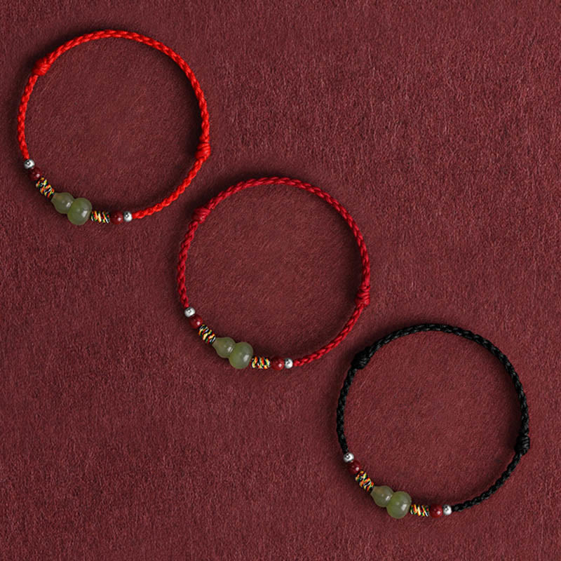 Fortune Jewel Natural Hetian Jade Gourd Protection Luck Braided Bracelet Anklet