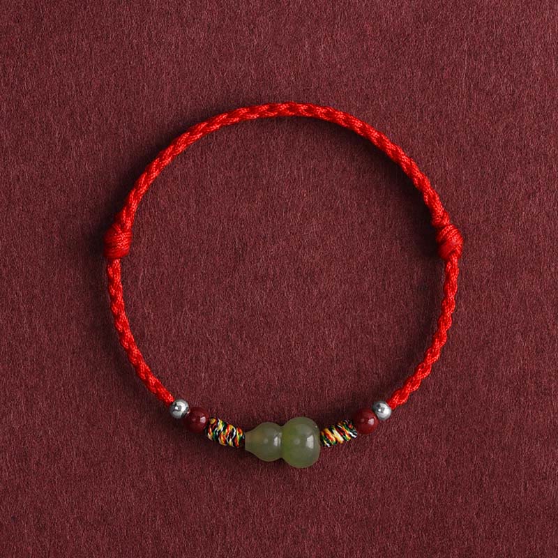 Fortune Jewel Natural Hetian Jade Gourd Protection Luck Braided Bracelet Anklet