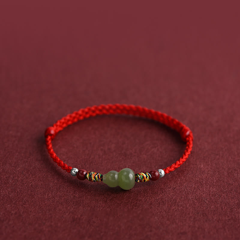 Fortune Jewel Natural Hetian Jade Gourd Protection Luck Braided Bracelet Anklet