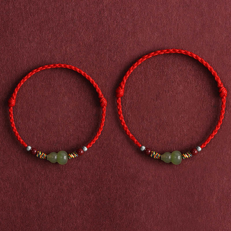 Fortune Jewel Natural Hetian Jade Gourd Protection Luck Braided Bracelet Anklet