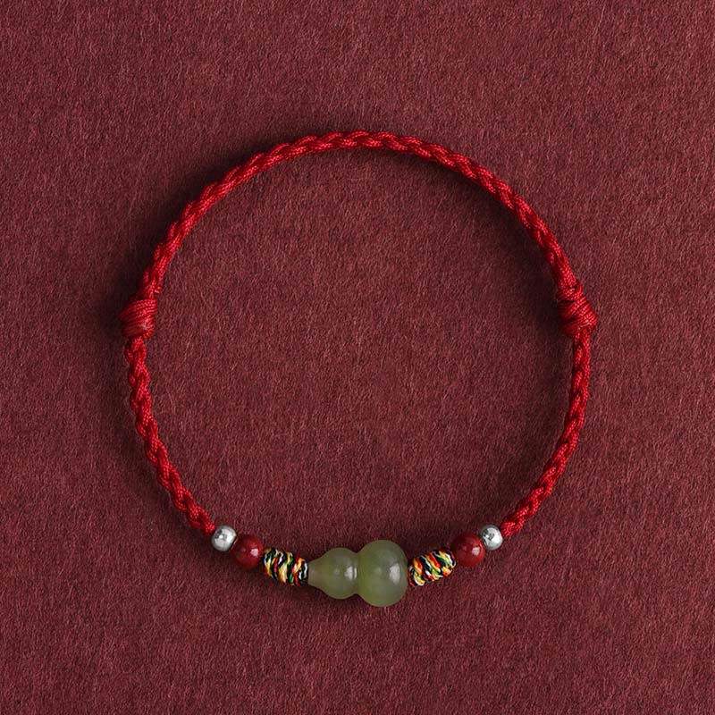 Fortune Jewel Natural Hetian Jade Gourd Protection Luck Braided Bracelet Anklet