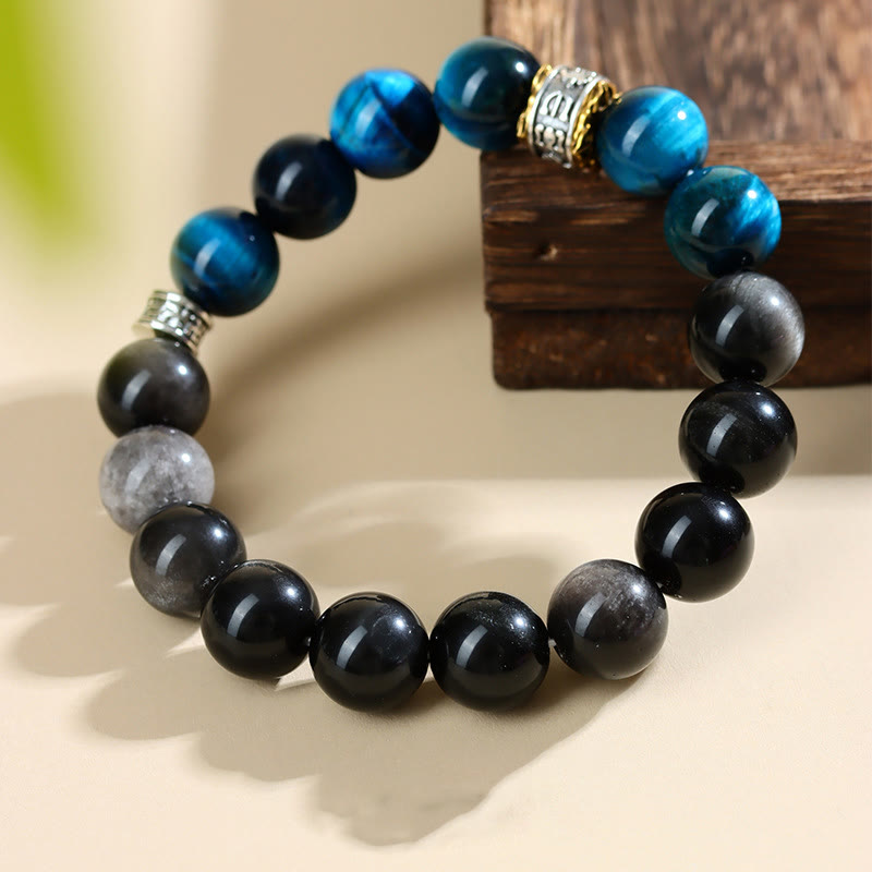 Fortune Jewel Blue Tiger Eye Silver Sheen Obsidian Strength Bracelet