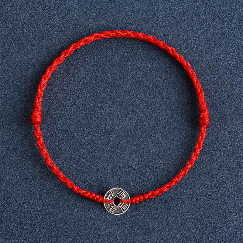 Fortune Jewel 925 Sterling Silver Five Emperor Coins Red String Protection Luck Braided Bracelet Anklet