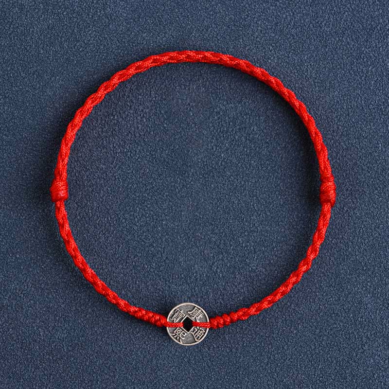 Fortune Jewel 925 Sterling Silver Five Emperor Coins Red String Protection Luck Braided Bracelet Anklet