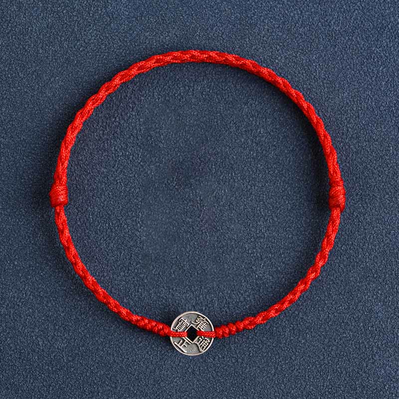 Fortune Jewel 925 Sterling Silver Five Emperor Coins Red String Protection Luck Braided Bracelet Anklet
