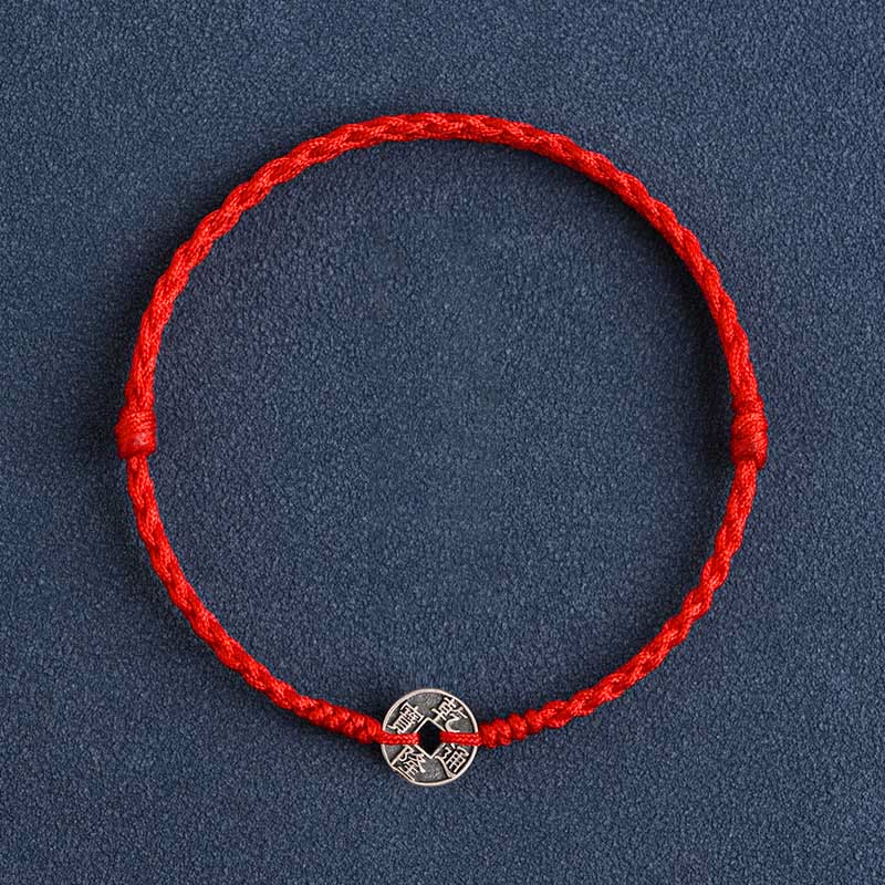 Fortune Jewel 925 Sterling Silver Five Emperor Coins Red String Protection Luck Braided Bracelet Anklet