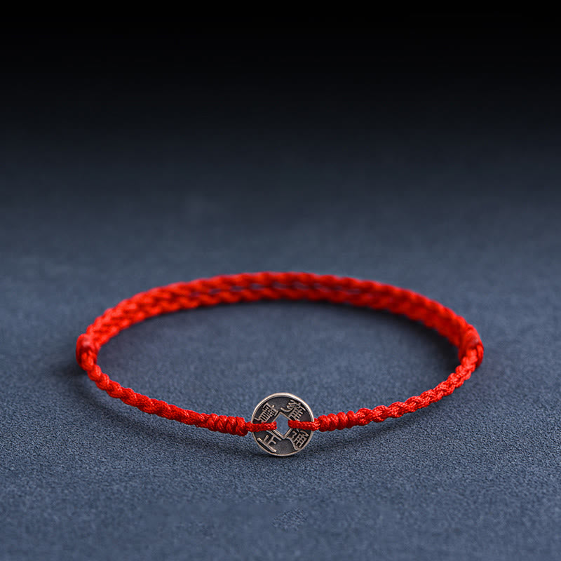 Fortune Jewel 925 Sterling Silver Five Emperor Coins Red String Protection Luck Braided Bracelet Anklet