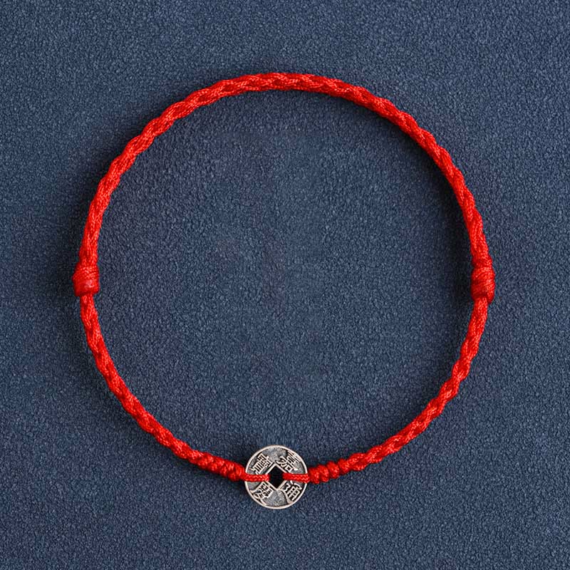 Fortune Jewel 925 Sterling Silver Five Emperor Coins Red String Protection Luck Braided Bracelet Anklet