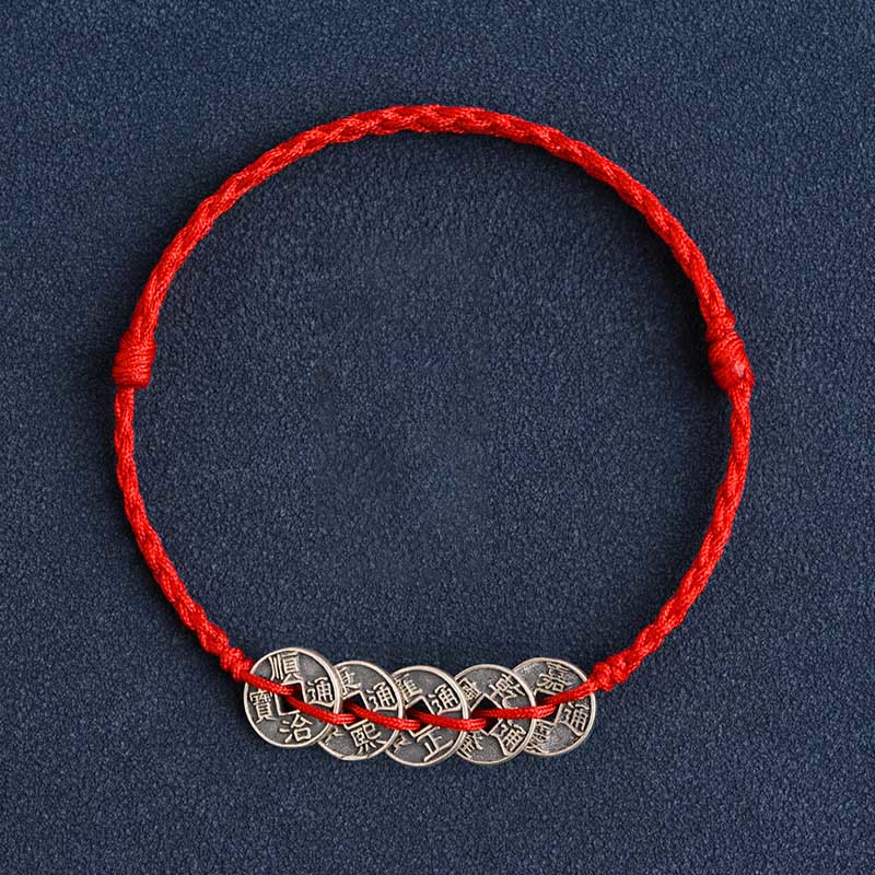 Fortune Jewel 925 Sterling Silver Five Emperor Coins Red String Protection Luck Braided Bracelet Anklet