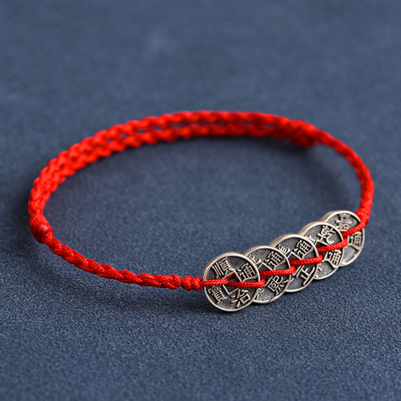 Fortune Jewel 925 Sterling Silver Five Emperor Coins Red String Protection Luck Braided Bracelet Anklet