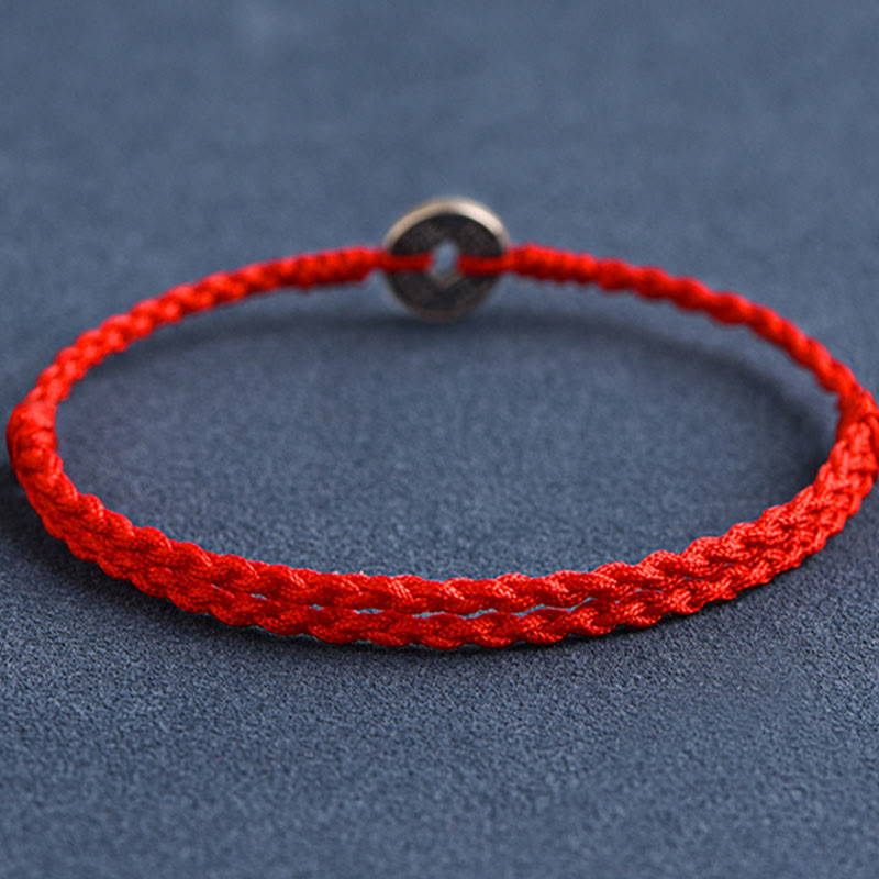 Fortune Jewel 925 Sterling Silver Five Emperor Coins Red String Protection Luck Braided Bracelet Anklet