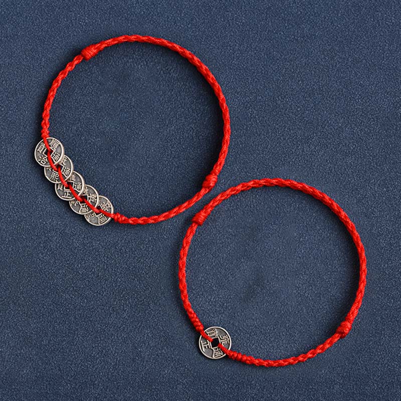 Fortune Jewel 925 Sterling Silver Five Emperor Coins Red String Protection Luck Braided Bracelet Anklet