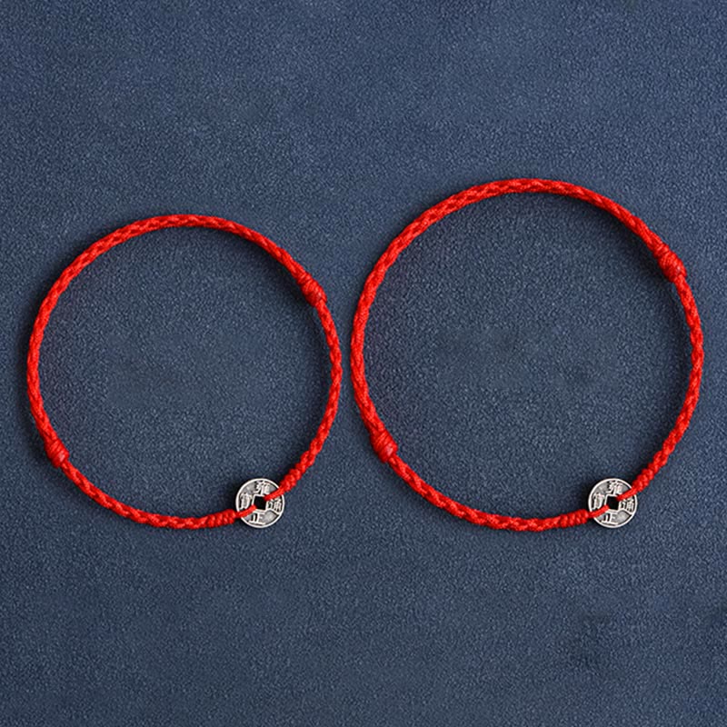 Fortune Jewel 925 Sterling Silver Five Emperor Coins Red String Protection Luck Braided Bracelet Anklet
