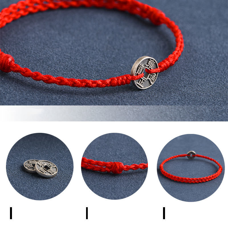 Fortune Jewel 925 Sterling Silver Five Emperor Coins Red String Protection Luck Braided Bracelet Anklet
