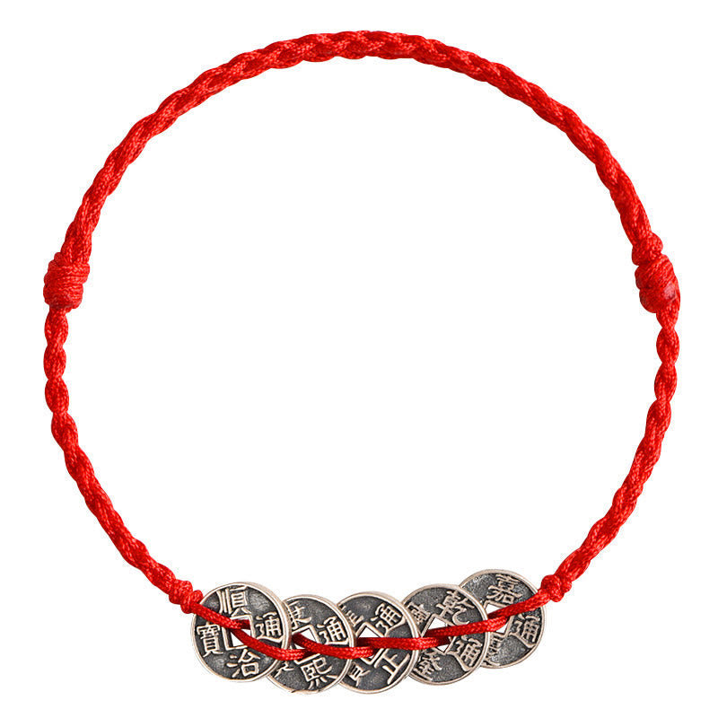 Fortune Jewel 925 Sterling Silver Five Emperor Coins Red String Protection Luck Braided Bracelet Anklet