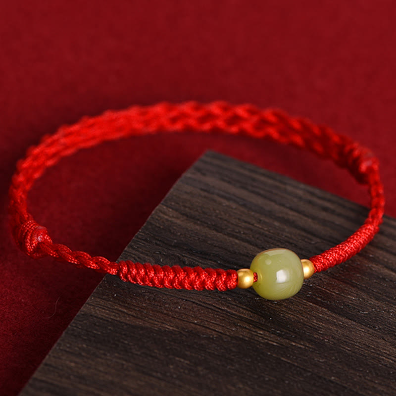 Fortune Jewel Natural Hetian Jade 999 Gold Beads Protection Luck Braided Bracelet Anklet