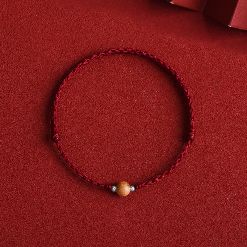 Fortune Jewel Natural Peach Wood Bead Luck Braided Bracelet Anklet