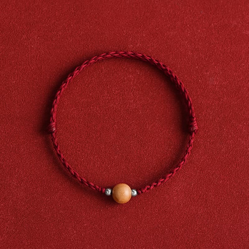 Fortune Jewel Natural Peach Wood Bead Luck Braided Bracelet Anklet