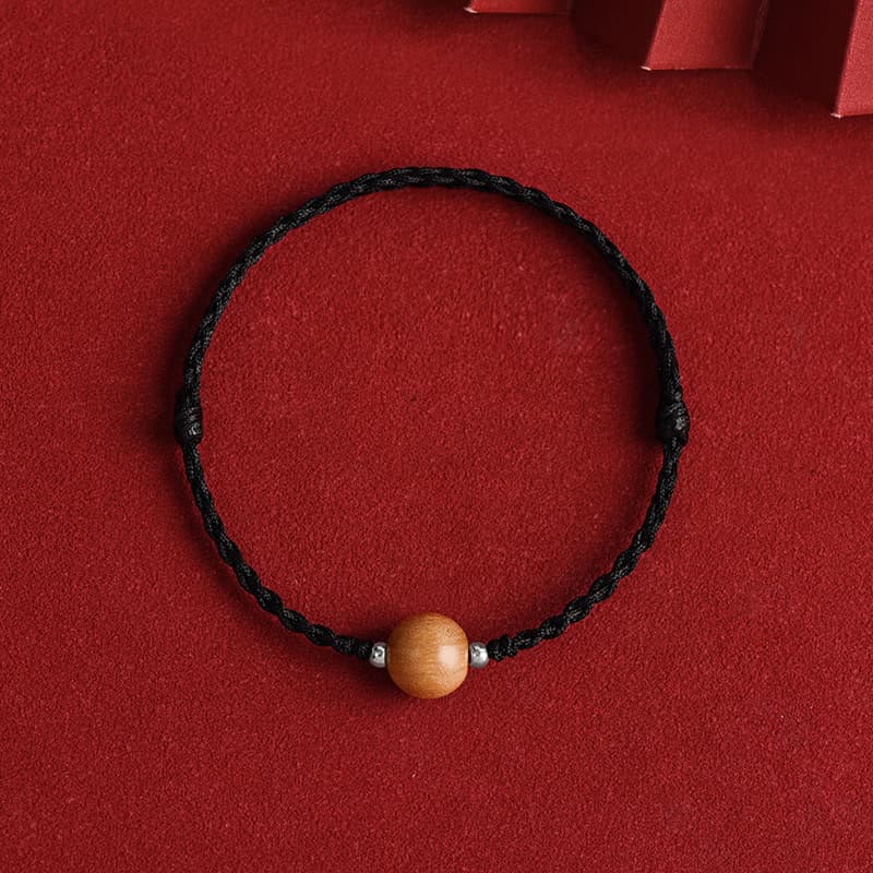 Fortune Jewel Natural Peach Wood Bead Luck Braided Bracelet Anklet
