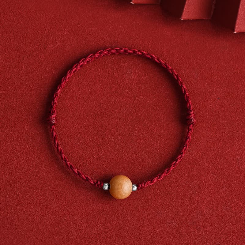 Fortune Jewel Natural Peach Wood Bead Luck Braided Bracelet Anklet
