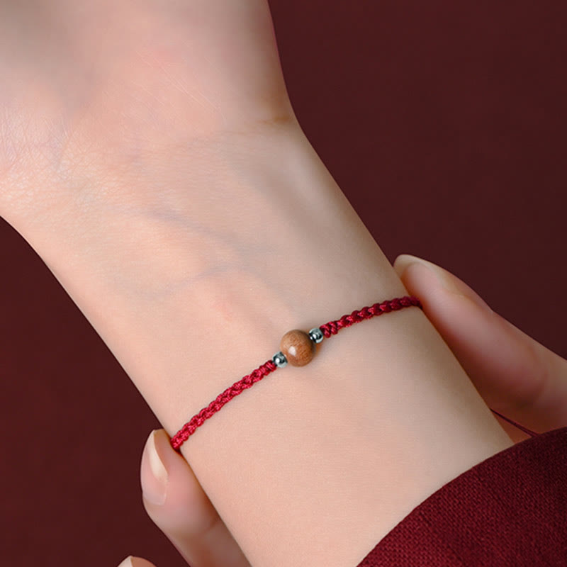 Fortune Jewel Natural Peach Wood Bead Luck Braided Bracelet Anklet