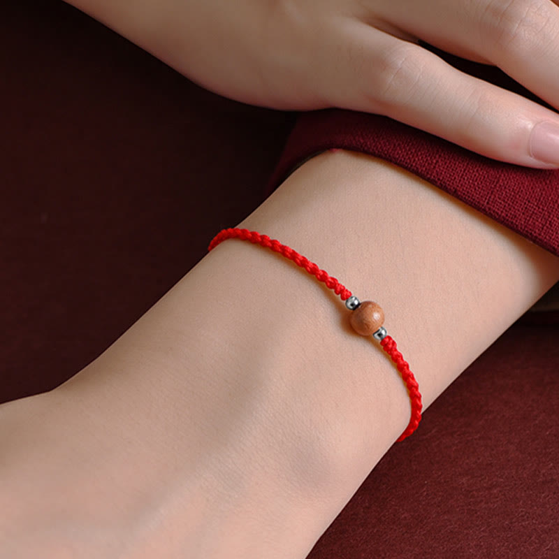 Fortune Jewel Natural Peach Wood Bead Luck Braided Bracelet Anklet