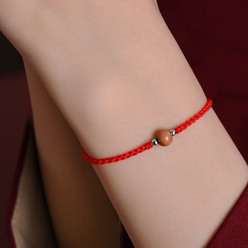 Fortune Jewel Natural Peach Wood Bead Luck Braided Bracelet Anklet