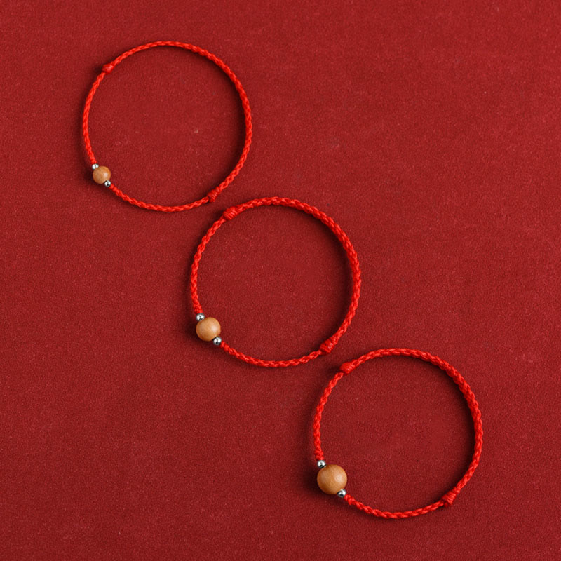 Fortune Jewel Natural Peach Wood Bead Luck Braided Bracelet Anklet