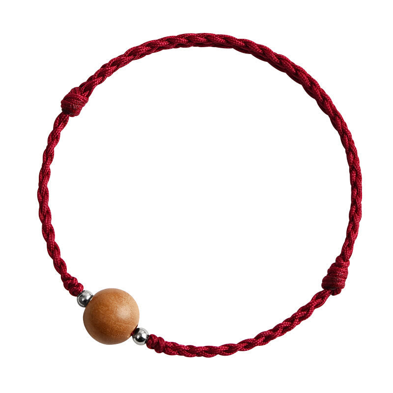 Fortune Jewel Natural Peach Wood Bead Luck Braided Bracelet Anklet