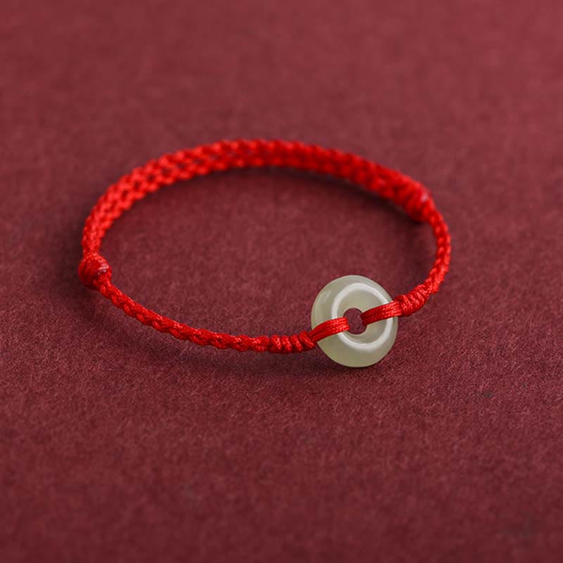 Fortune Jewel Natural Hetian Jade Peace Buckle Protection Luck Braided Bracelet Anklet