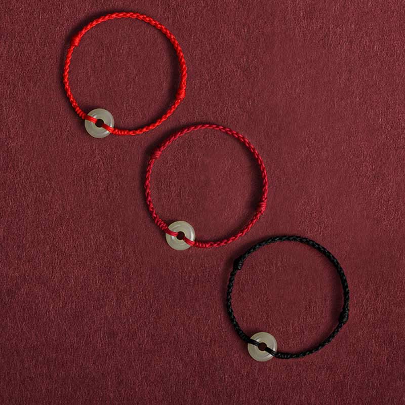 Fortune Jewel Natural Hetian Jade Peace Buckle Protection Luck Braided Bracelet Anklet