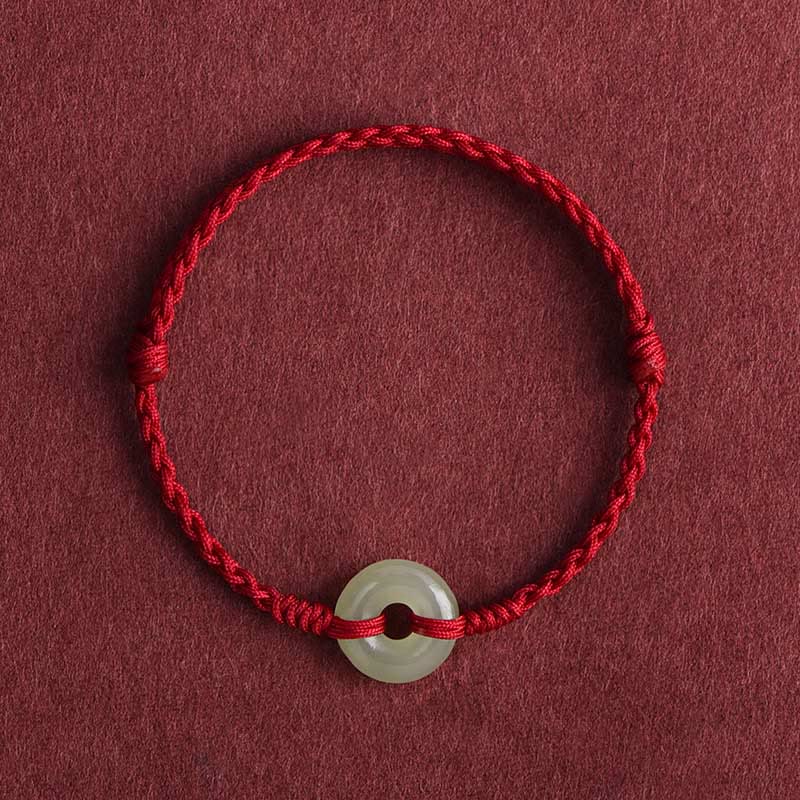 Fortune Jewel Natural Hetian Jade Peace Buckle Protection Luck Braided Bracelet Anklet