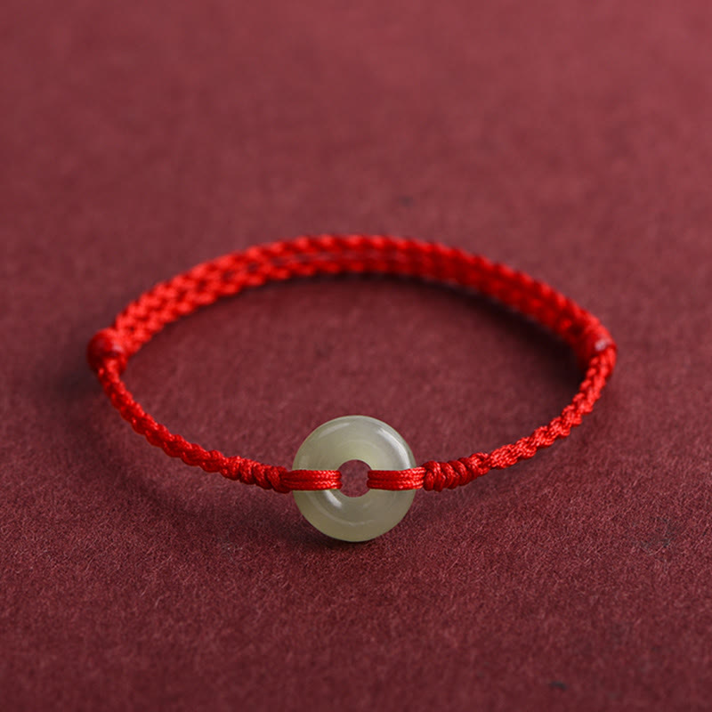 Fortune Jewel Natural Hetian Jade Peace Buckle Protection Luck Braided Bracelet Anklet