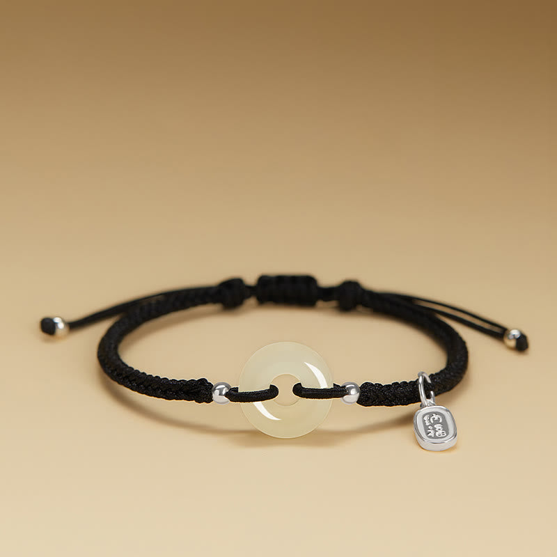 Fortune Jewel Natural Hetian Jade Peace Buckle Fu Character Protection Luck Braided Bracelet
