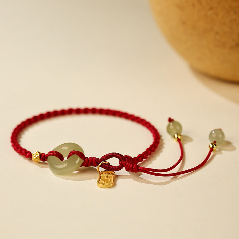 Fortune Jewel Natural Hetian Jade Peace Buckle Red String Luck Braided Bracelet
