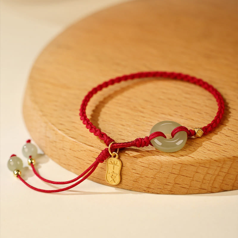 Fortune Jewel Natural Hetian Jade Peace Buckle Red String Luck Braided Bracelet