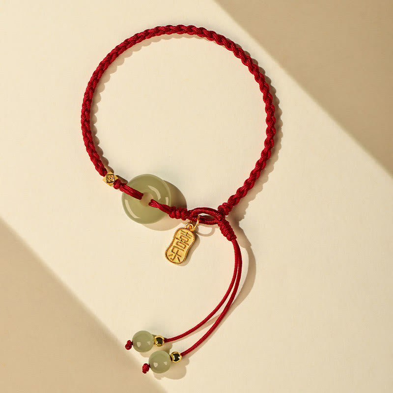 Fortune Jewel Natural Hetian Jade Peace Buckle Red String Luck Braided Bracelet