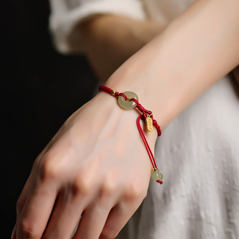 Fortune Jewel Natural Hetian Jade Peace Buckle Red String Luck Braided Bracelet