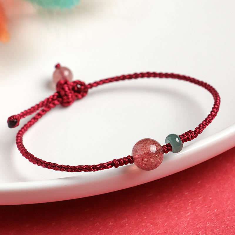 Fortune Jewel Natural Strawberry Quartz Jade White Agate Red String Positive Bracelet