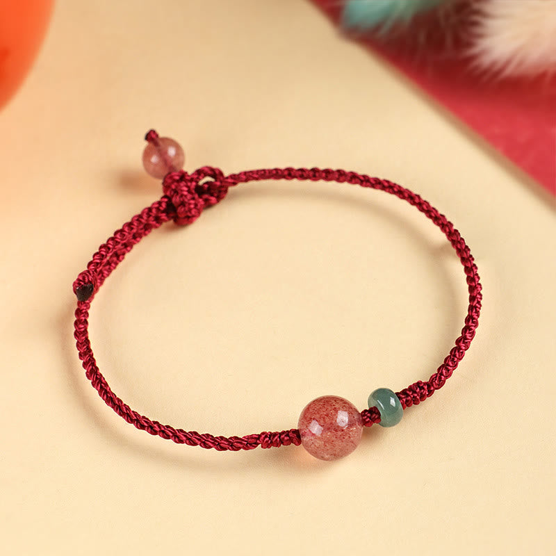 Fortune Jewel Natural Strawberry Quartz Jade White Agate Red String Positive Bracelet