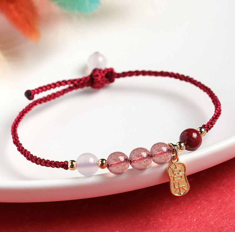 Fortune Jewel Natural Strawberry Quartz Jade White Agate Red String Positive Bracelet