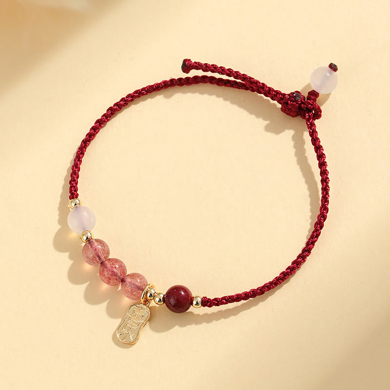 Fortune Jewel Natural Strawberry Quartz Jade White Agate Red String Positive Bracelet