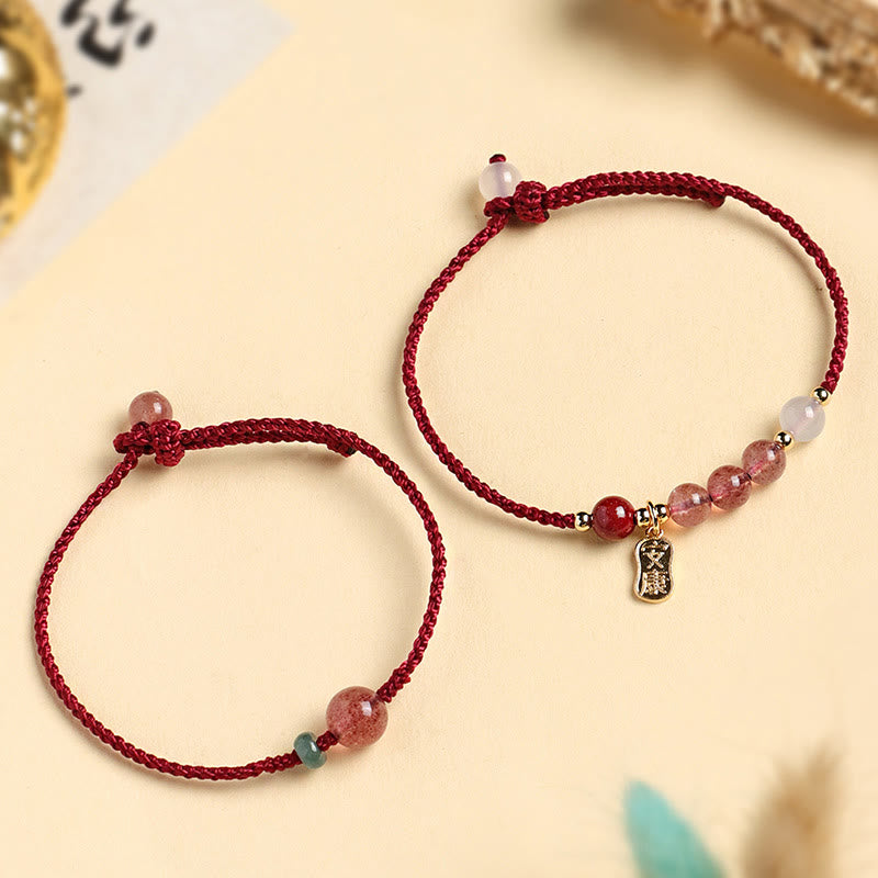 Fortune Jewel Natural Strawberry Quartz Jade White Agate Red String Positive Bracelet