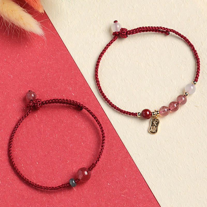 Fortune Jewel Natural Strawberry Quartz Jade White Agate Red String Positive Bracelet