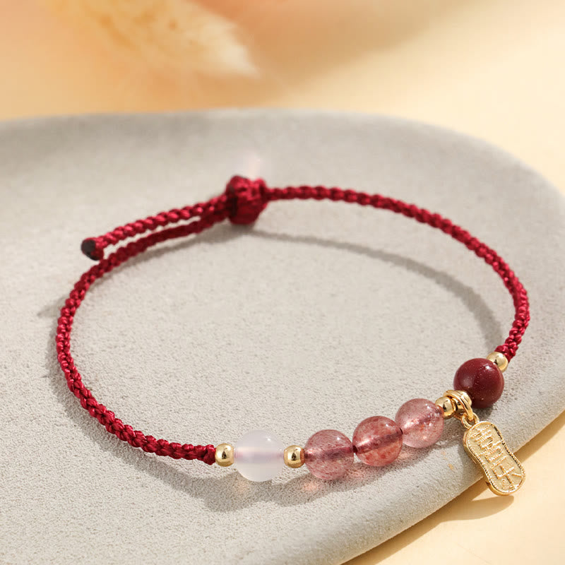 Fortune Jewel Natural Strawberry Quartz Jade White Agate Red String Positive Bracelet