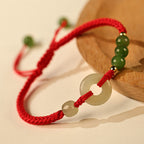 Fortune Jewel Natural Hetian Jade Peace Buckle Red String Protection Luck Bracelet